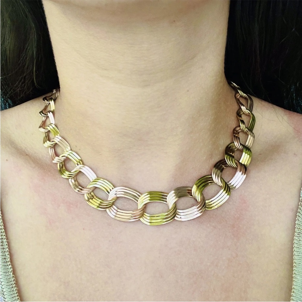 BIG 14K Solid Gold Binder Bros NY 2 Tone Graduated Chain Link Necklace 1950s MCM - Picture 3 of 10